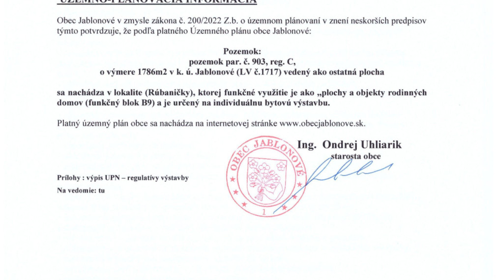Pozemok so stavebným povolením v Jablonovom - 1 786 m²