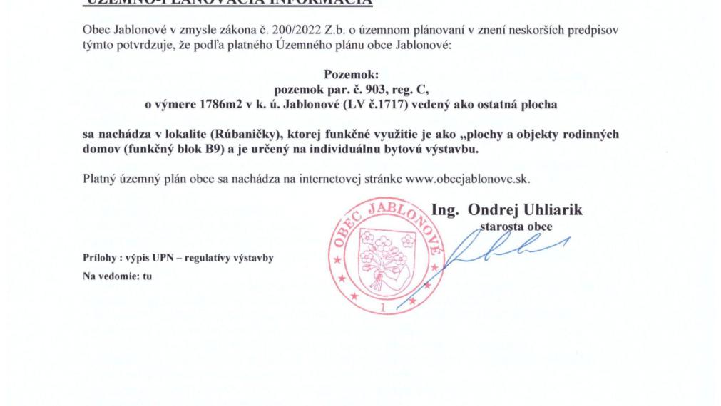 Pozemok so stavebným povolením v Jablonovom  1786 m².