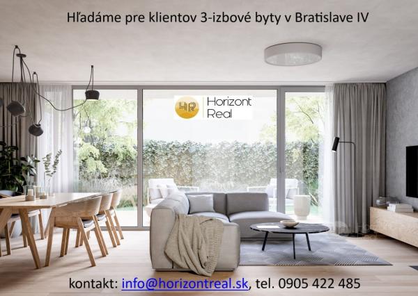 Horizont real hľadá pre klientov 3-izbové byty v Bratislave IV