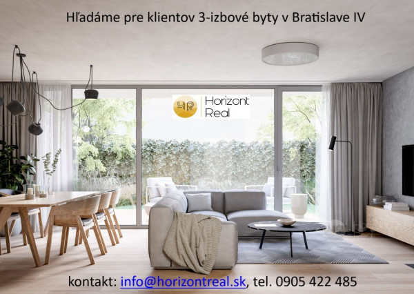 Horizont real hľadá pre klientov 3-izbové byty v Bratislave IV
